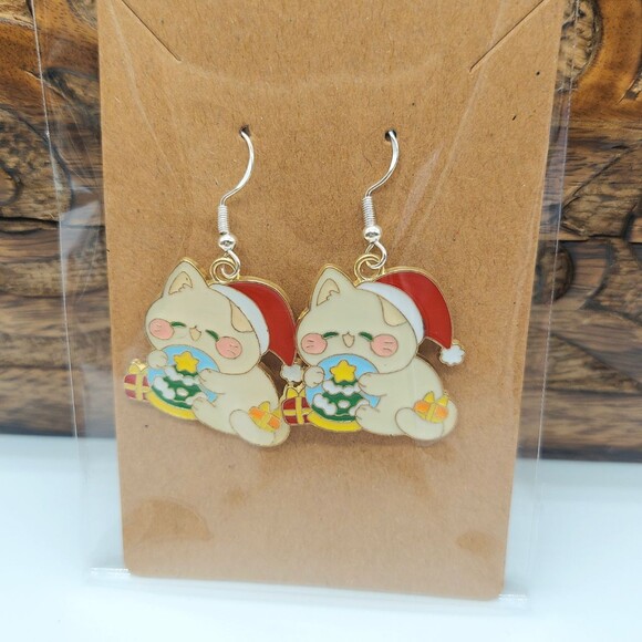 handmade Jewelry - Cute Cat Earrings Christmas Earrings Hugging Snow Globe